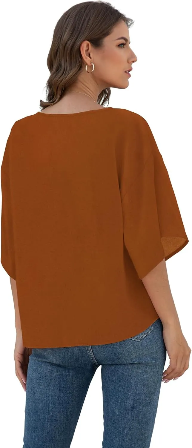 VIISHOW Womens Tie Front Chiffon Blouses V Neck Batwing Short Sleeve Summer Tops Shirts