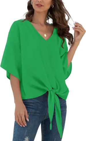 VIISHOW Womens Tie Front Chiffon Blouses V Neck Batwing Short Sleeve Summer Tops Shirts