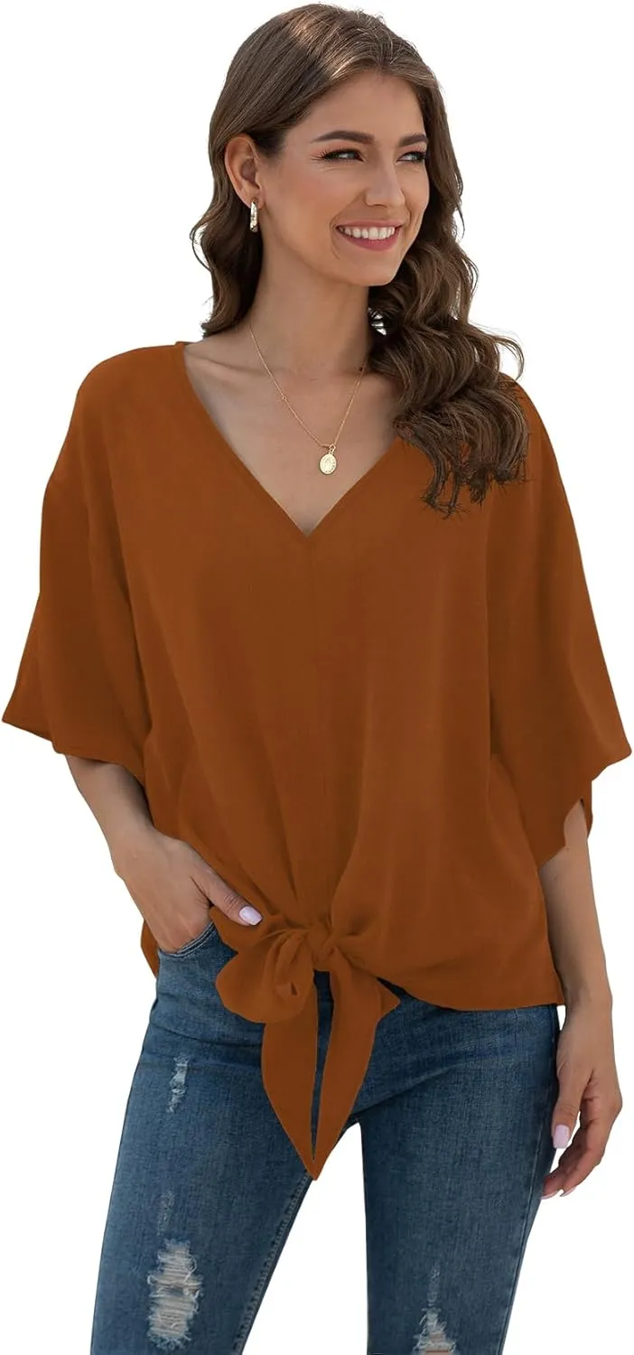 VIISHOW Womens Tie Front Chiffon Blouses V Neck Batwing Short Sleeve Summer Tops Shirts