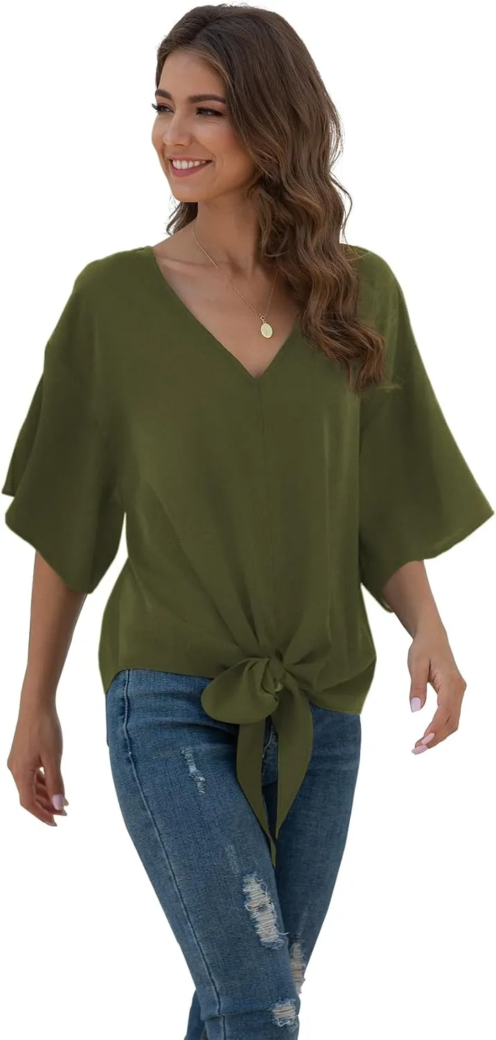 VIISHOW Womens Tie Front Chiffon Blouses V Neck Batwing Short Sleeve Summer Tops Shirts