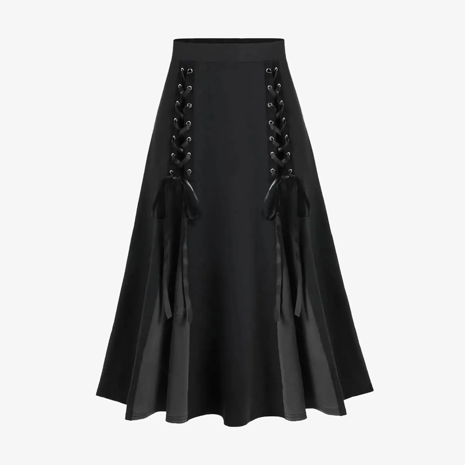 Vintage Gothic Midi Skirts Women Lace-Up Patchwork Medieval Steampunk A-Line Skirts Renaissance Pirate Swing Skirt