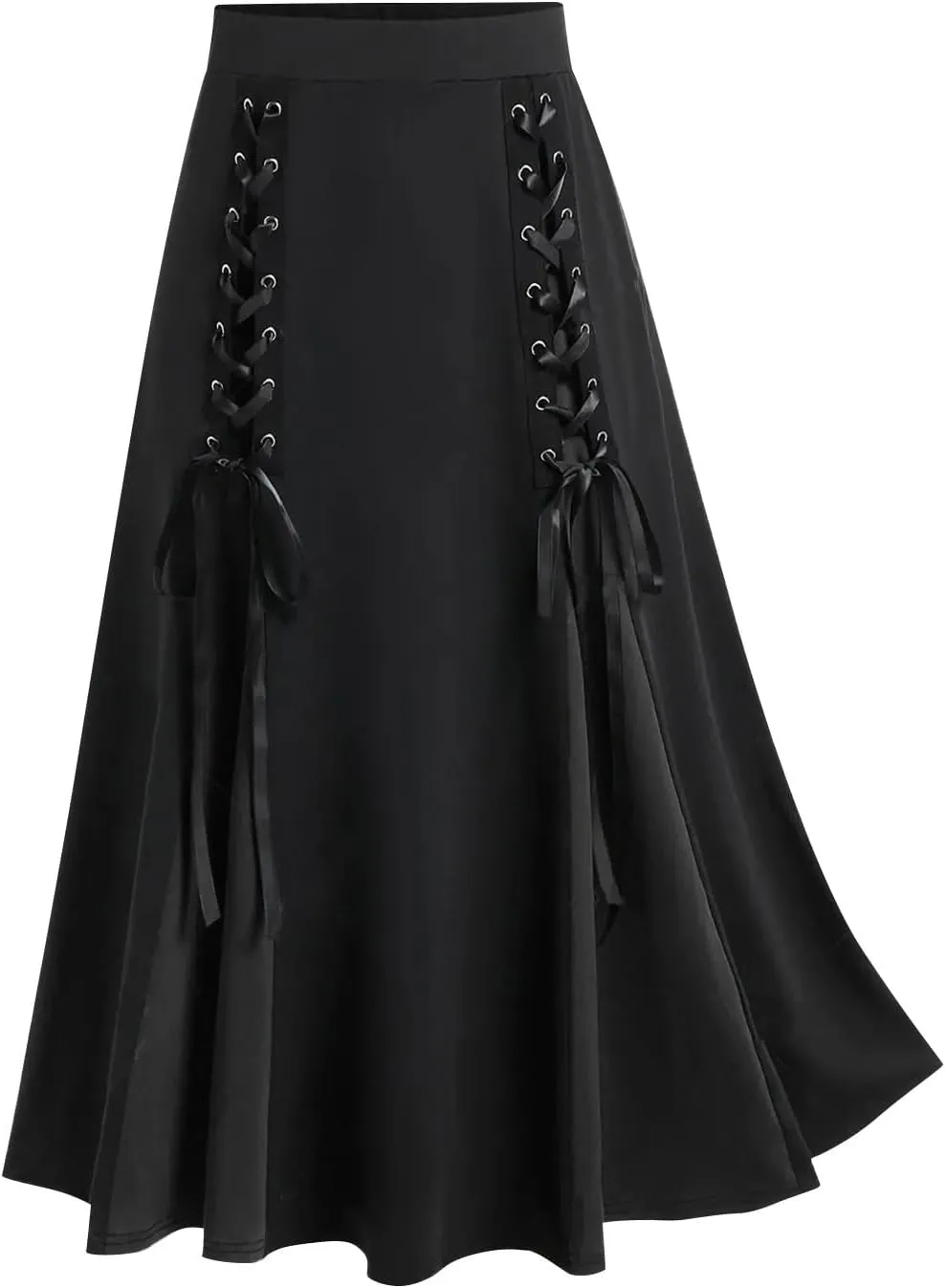 Vintage Gothic Midi Skirts Women Lace-Up Patchwork Medieval Steampunk A-Line Skirts Renaissance Pirate Swing Skirt