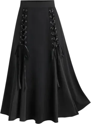 Vintage Gothic Midi Skirts Women Lace-Up Patchwork Medieval Steampunk A-Line Skirts Renaissance Pirate Swing Skirt