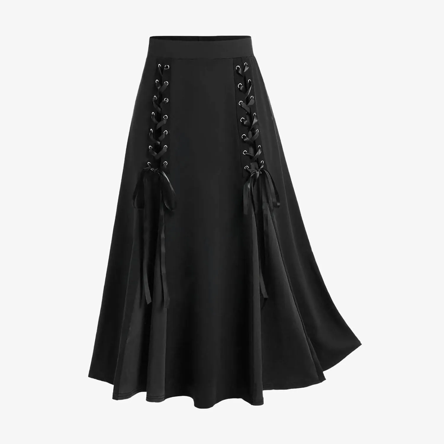 Vintage Gothic Midi Skirts Women Lace-Up Patchwork Medieval Steampunk A-Line Skirts Renaissance Pirate Swing Skirt