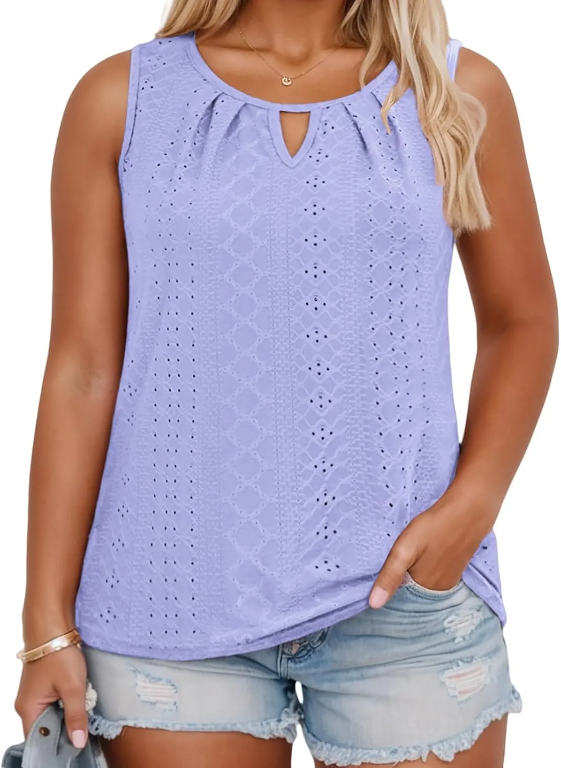 VISLILY Plus-Size-Tank-Tops for Women Summer Trendy Keyhole Neck Shirts Cute Eyelet Tunics Casual Sleeveless Blouse XL-5XL