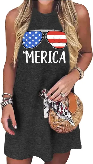 VVNTY American Flag Tank Dress Women: 4th of July Shirts Sleeveless Patriotic USA Flag Tees Casual Summer Tanks Sundress