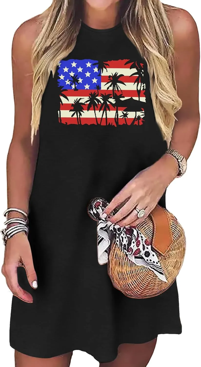 VVNTY American Flag Tank Dress Women: 4th of July Shirts Sleeveless Patriotic USA Flag Tees Casual Summer Tanks Sundress