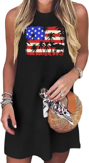 VVNTY American Flag Tank Dress Women: 4th of July Shirts Sleeveless Patriotic USA Flag Tees Casual Summer Tanks Sundress