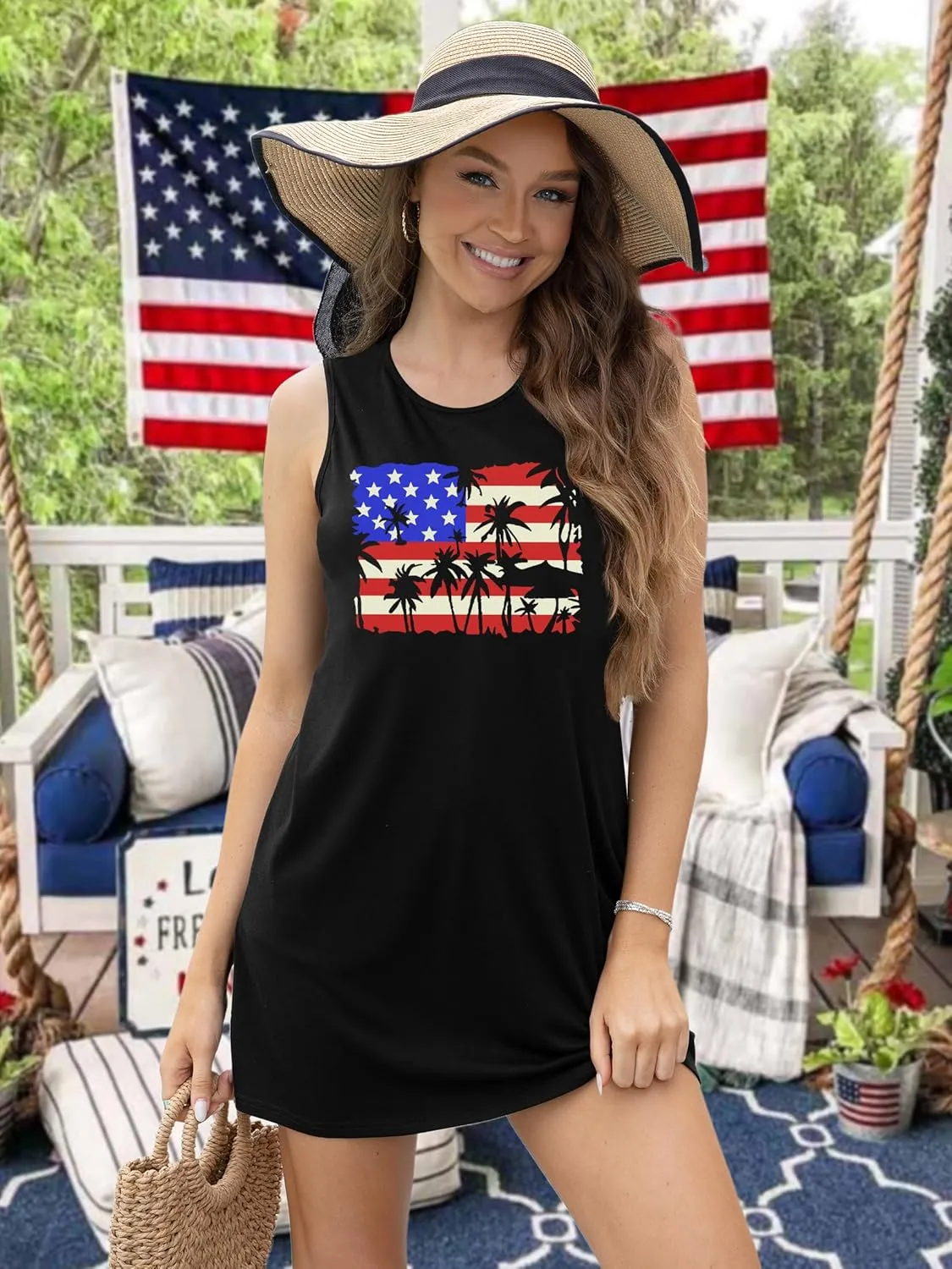 VVNTY American Flag Tank Dress Women: 4th of July Shirts Sleeveless Patriotic USA Flag Tees Casual Summer Tanks Sundress