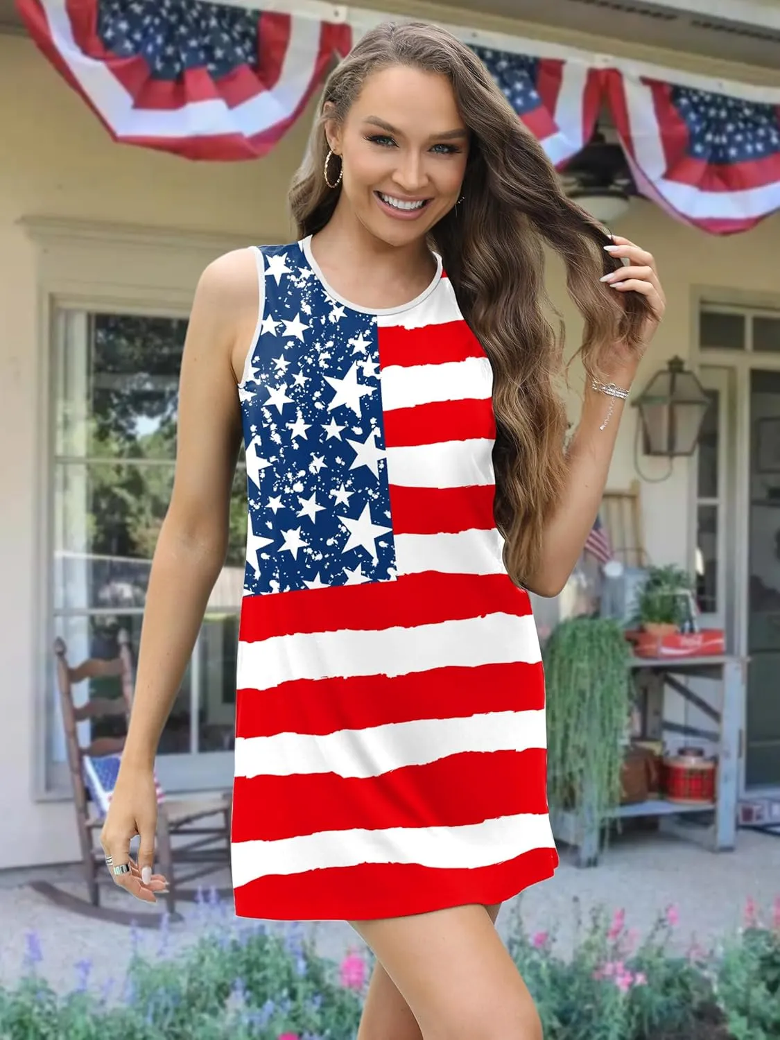 VVNTY American Flag Tank Dress Women: 4th of July Shirts Sleeveless Patriotic USA Flag Tees Casual Summer Tanks Sundress