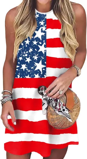VVNTY American Flag Tank Dress Women: 4th of July Shirts Sleeveless Patriotic USA Flag Tees Casual Summer Tanks Sundress