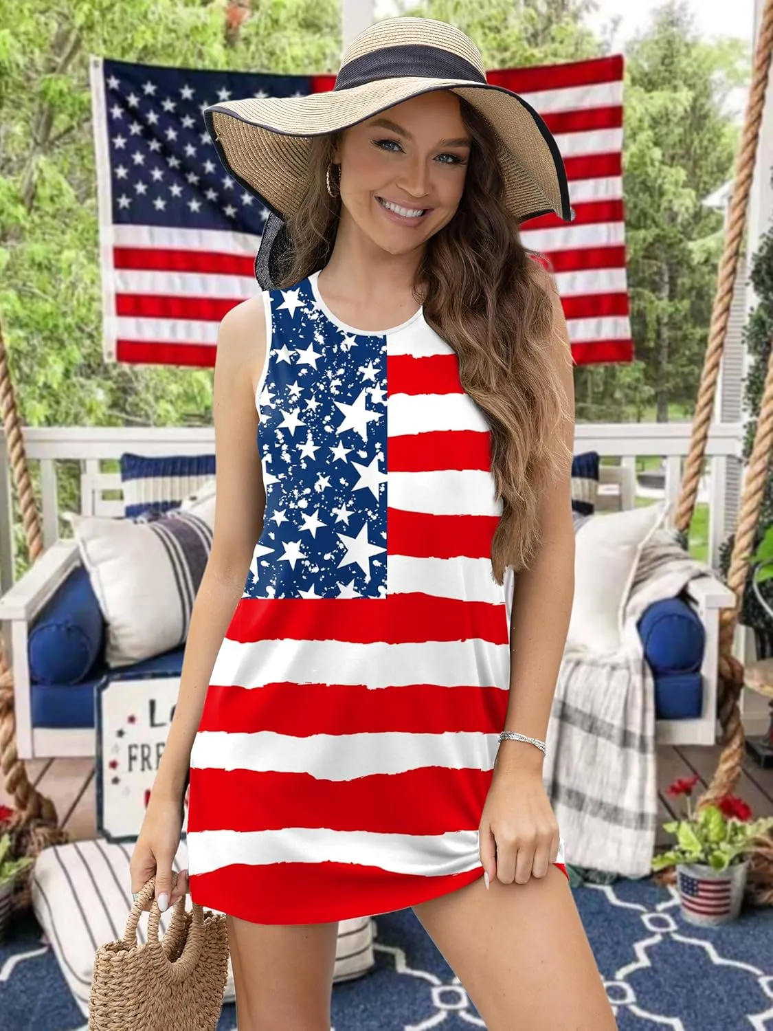 VVNTY American Flag Tank Dress Women: 4th of July Shirts Sleeveless Patriotic USA Flag Tees Casual Summer Tanks Sundress