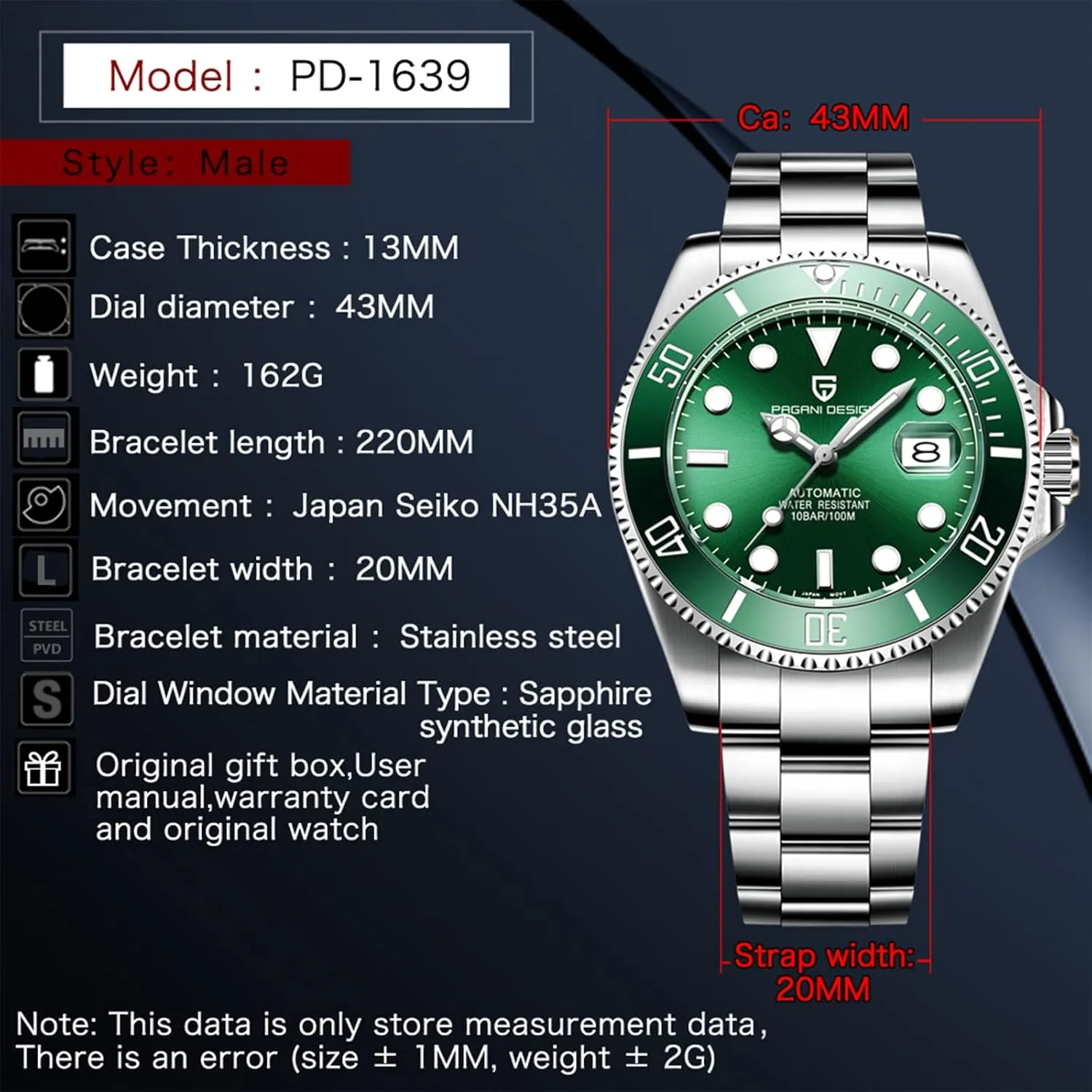 Watches for Men Pagani Design 42MM Automatic Watch NH35 Mechanical Stainless Steel Waterproof Diving Watch
