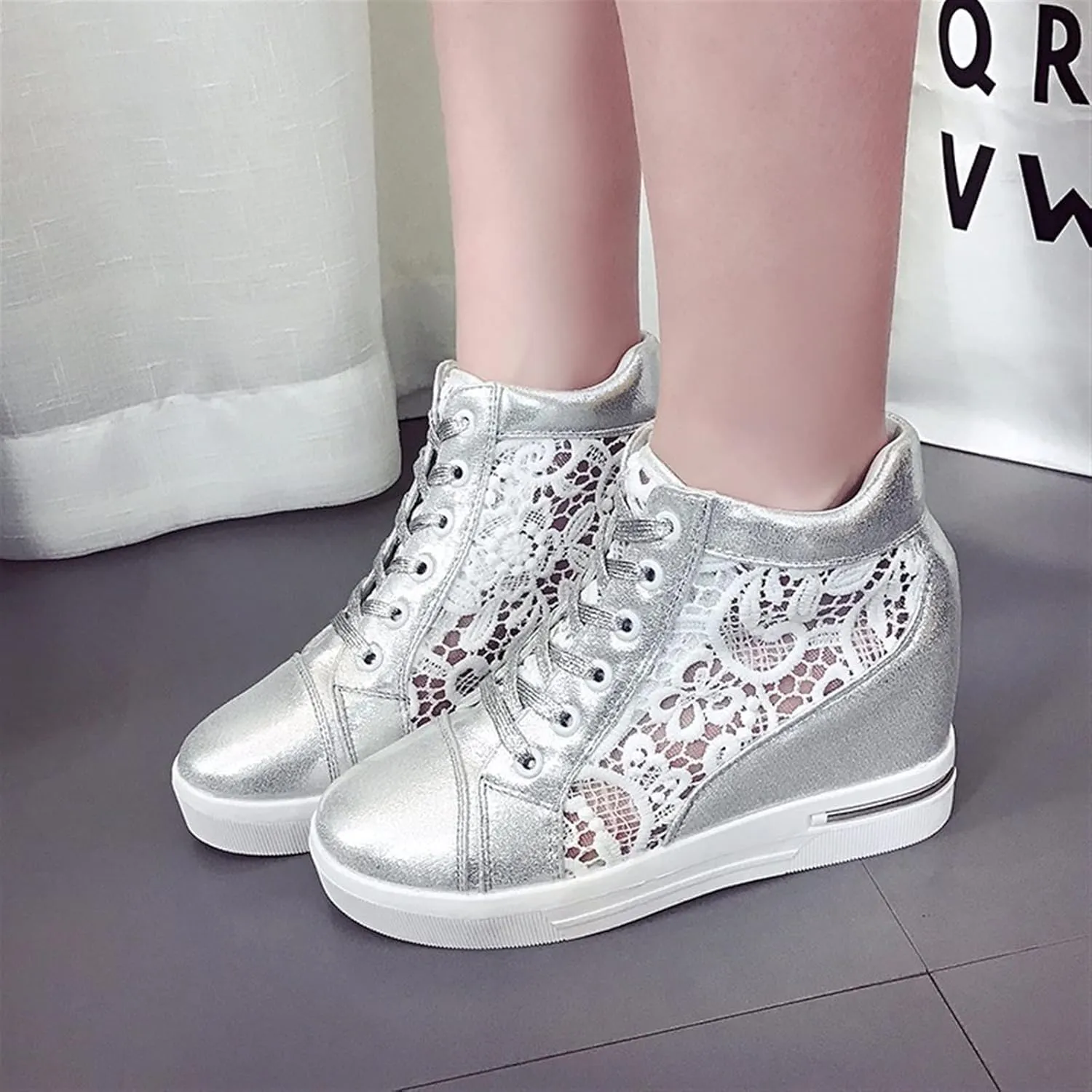 Wedge Heel Lace Trainers Women's Fashion Search Sequins Sneakers Casual Lace up Platform Running Walking Sports Shoes with Lace Round Toe Breathable Single Shoes Hiking