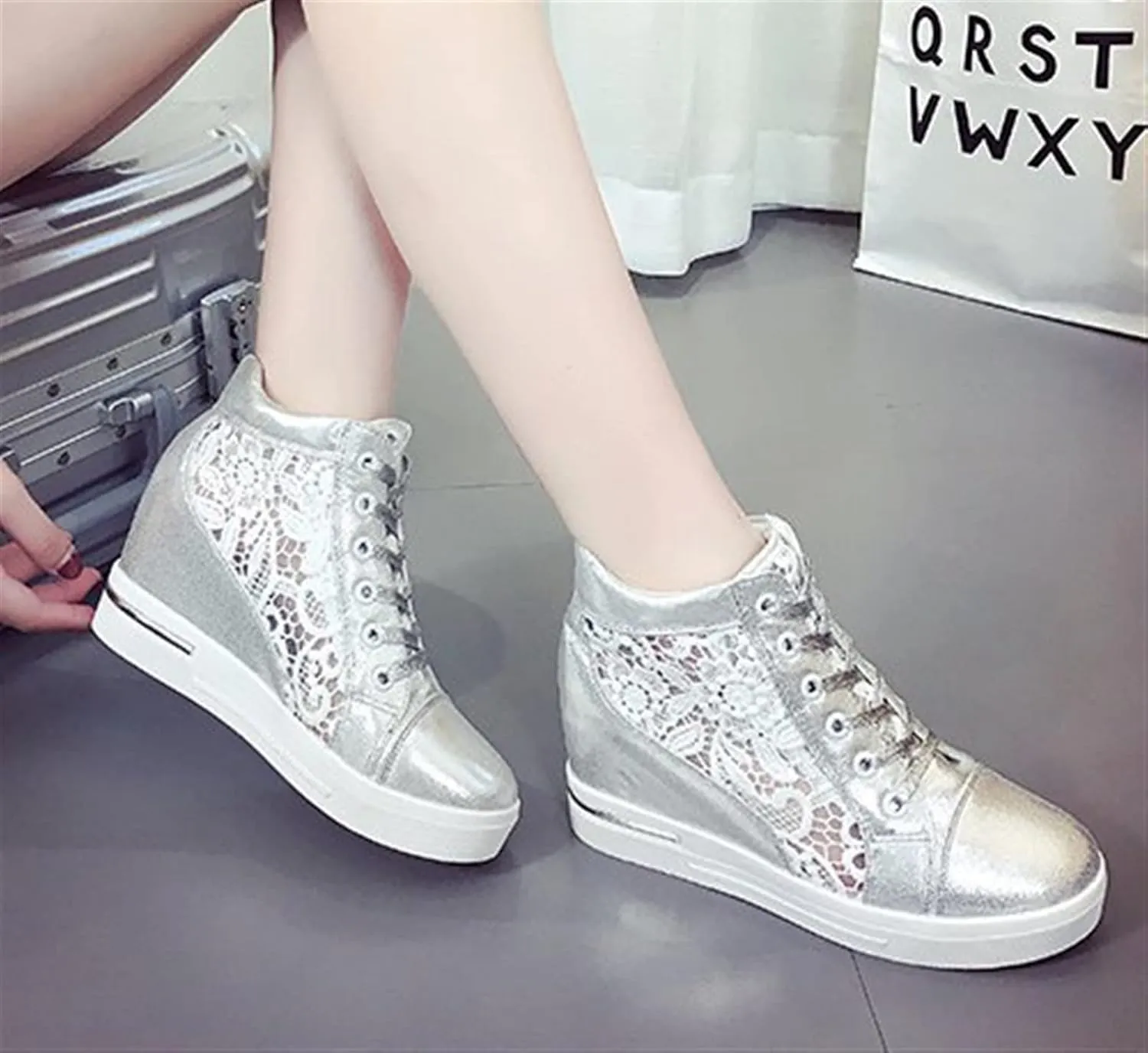 Wedge Heel Lace Trainers Women's Fashion Search Sequins Sneakers Casual Lace up Platform Running Walking Sports Shoes with Lace Round Toe Breathable Single Shoes Hiking
