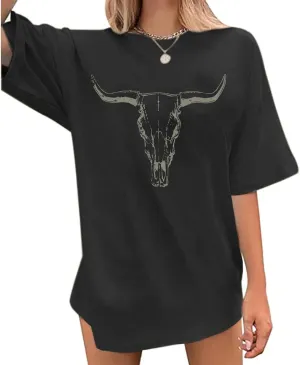 Western Cow Skull Shirts for Women Oversized Cowgirl T Shirt Country Graphic Tees Vintage Rodeo Tshirts Casual Tops