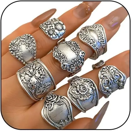 Western Gold Vintage Spoon Rings Set for Women Chunky Y2k Silver Statement Adjustable Big Flower Knuckle Ring Stack Stackable Flower Signet Finger Jewelry