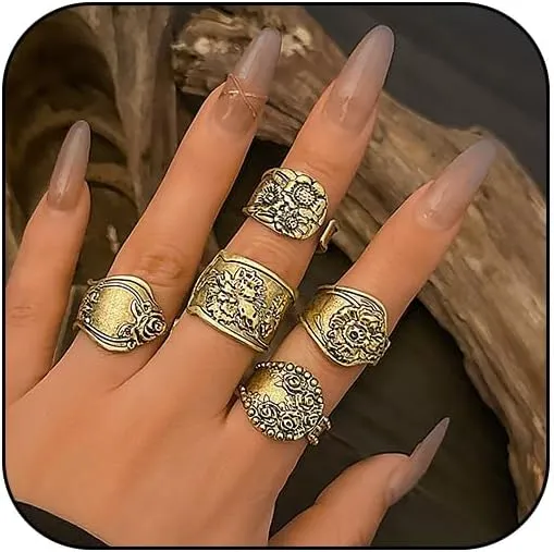 Western Gold Vintage Spoon Rings Set for Women Chunky Y2k Silver Statement Adjustable Big Flower Knuckle Ring Stack Stackable Flower Signet Finger Jewelry