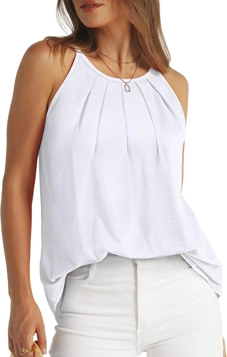 WIHOLL Womens Pleated Tank Tops Spaghetti Strap Camisole Halter Tops Curved Hem Fashion 2025