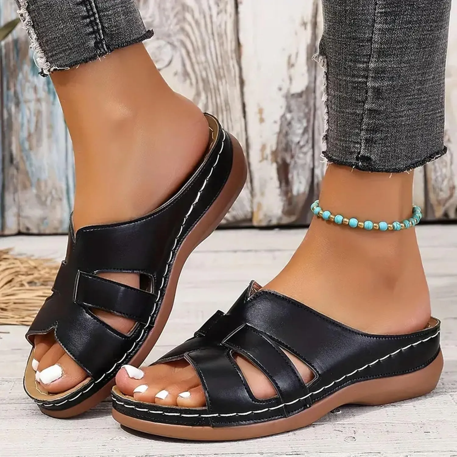 Women Arch Support Slides Orthopedic Wedge Sandals Open Toe Slip On Platform Slippers Summer Casual Beach Orthotic Walking Shoes