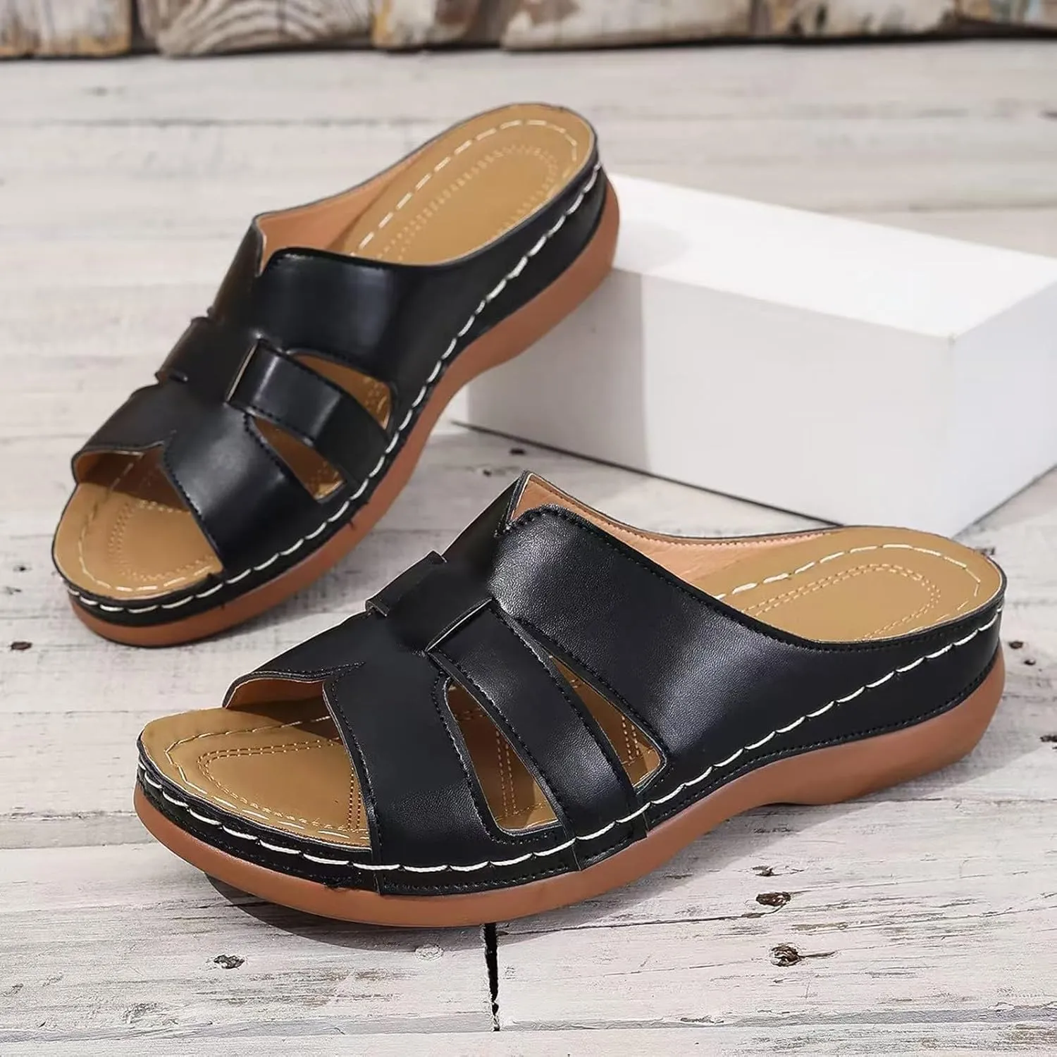 Women Arch Support Slides Orthopedic Wedge Sandals Open Toe Slip On Platform Slippers Summer Casual Beach Orthotic Walking Shoes
