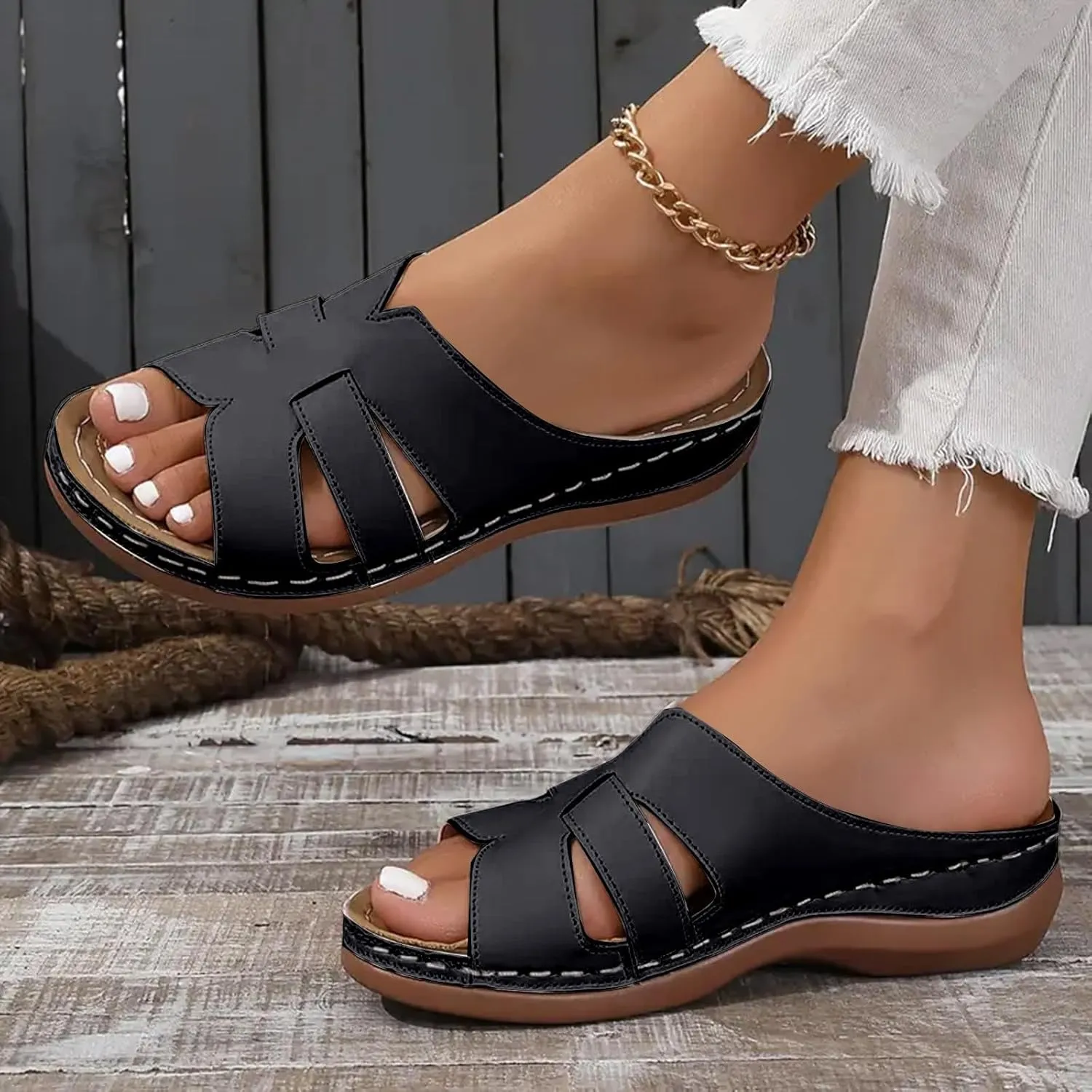 Women Arch Support Slides Orthopedic Wedge Sandals Open Toe Slip On Platform Slippers Summer Casual Beach Orthotic Walking Shoes