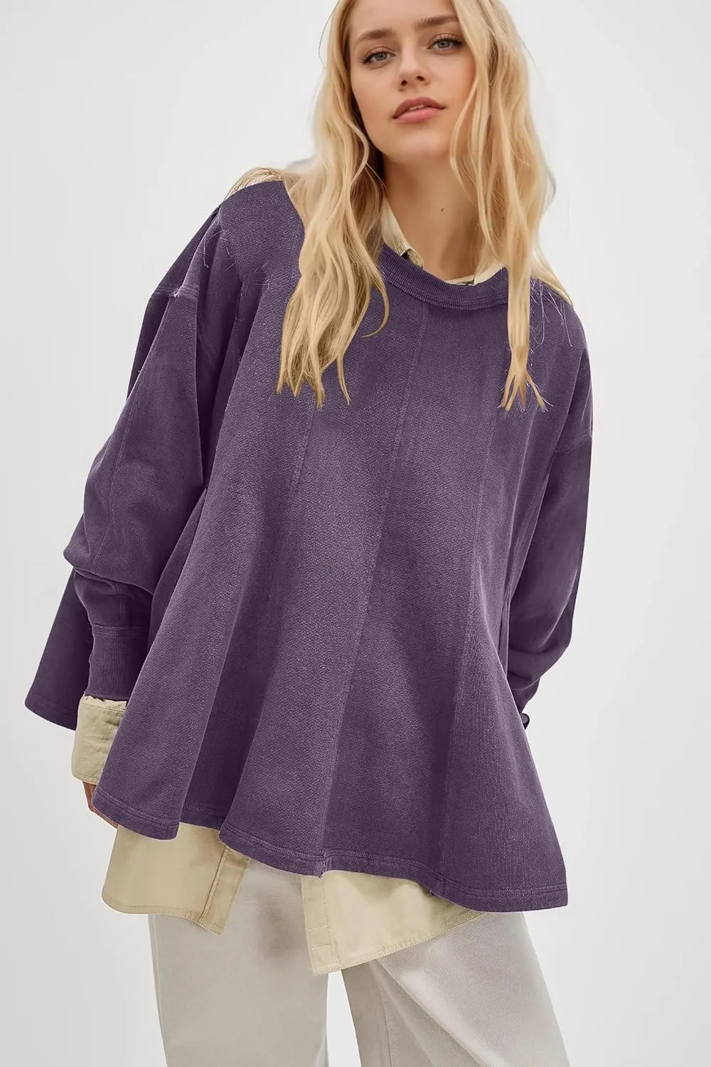 Women Batwing Oversized Sweatshirt Reverse Seam Crewneck Sweatshirt Cute Babydoll Peplum Sweat Shirts Pullover Tops