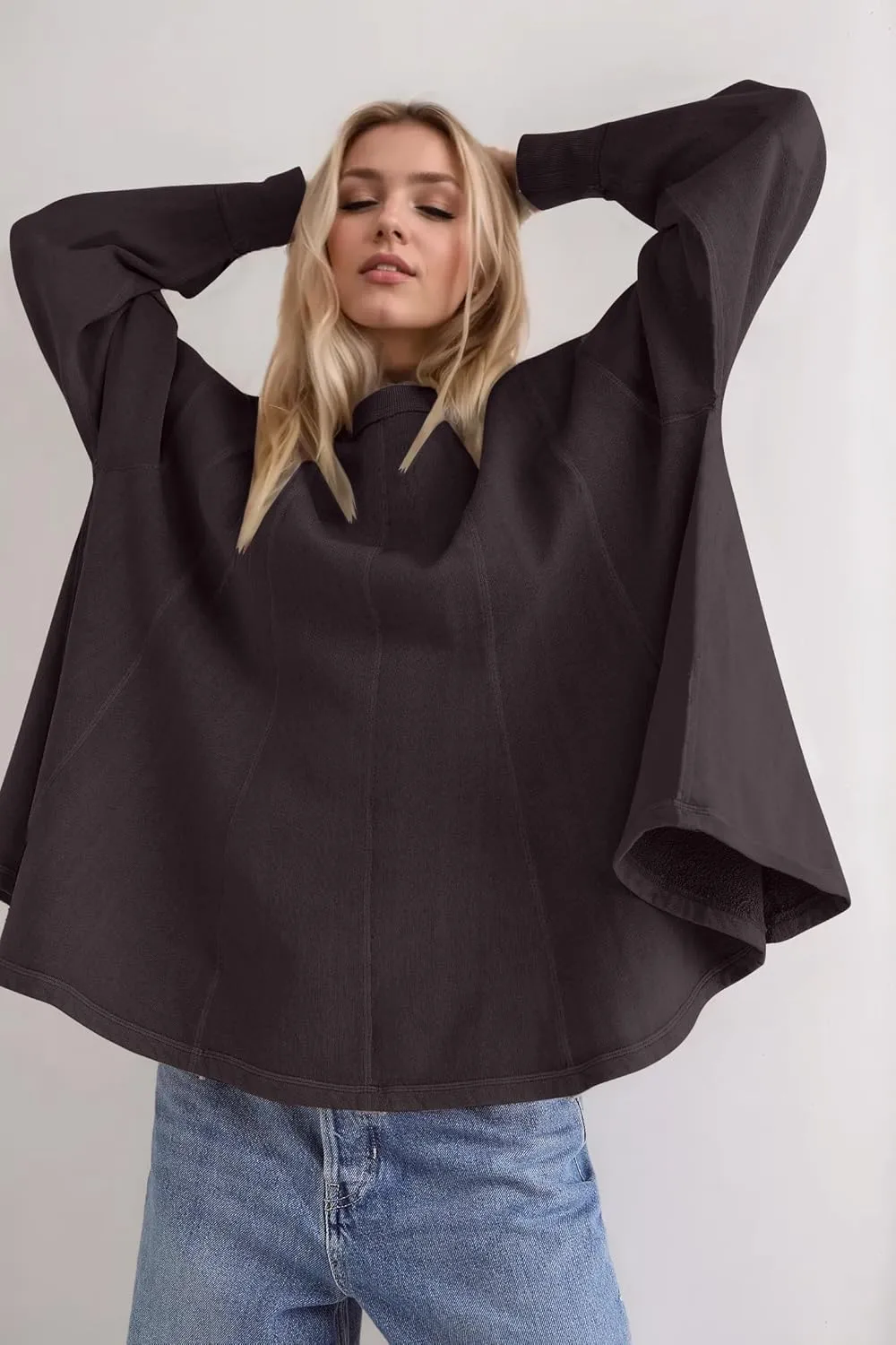 Women Batwing Oversized Sweatshirt Reverse Seam Crewneck Sweatshirt Cute Babydoll Peplum Sweat Shirts Pullover Tops