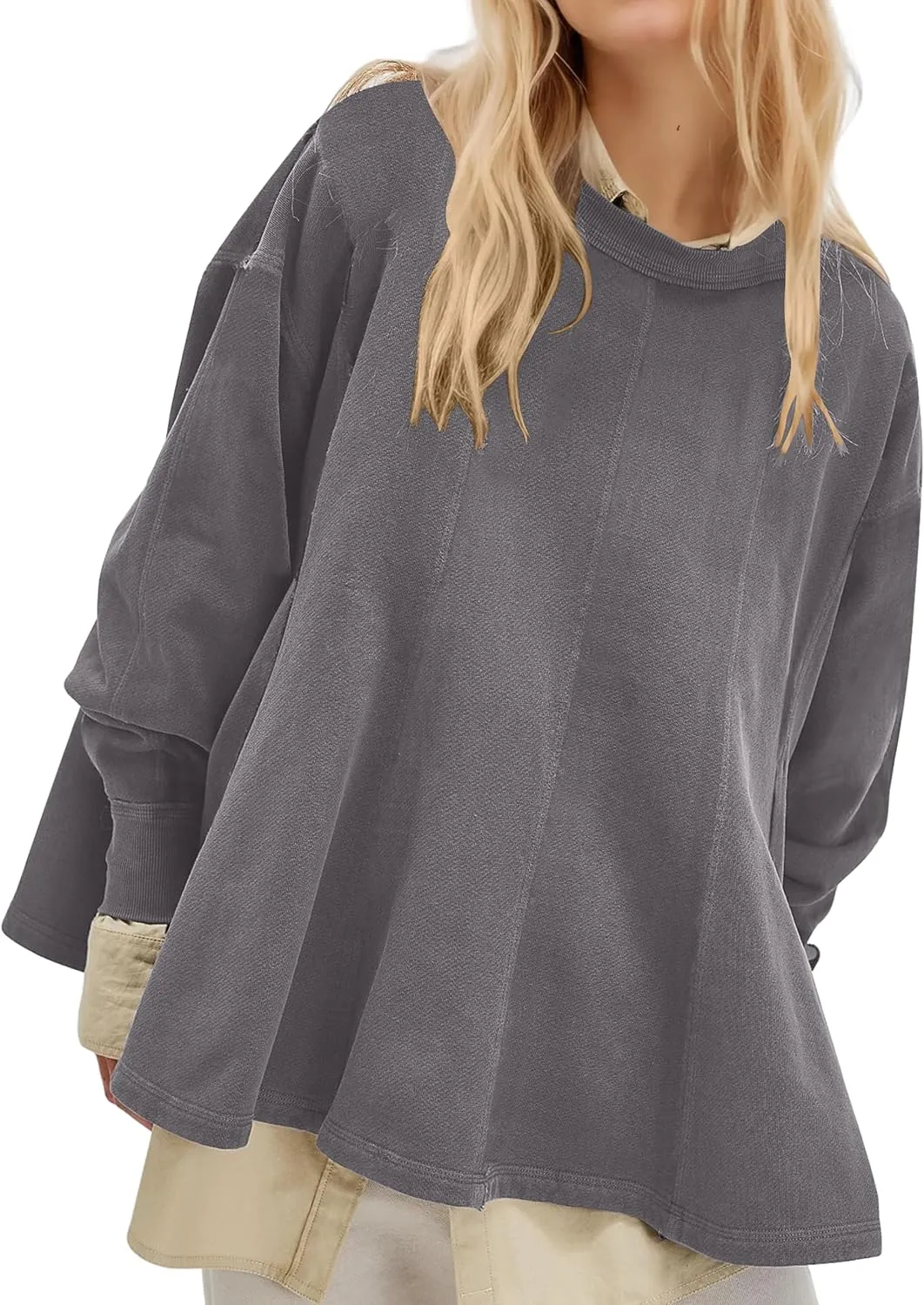 Women Batwing Oversized Sweatshirt Reverse Seam Crewneck Sweatshirt Cute Babydoll Peplum Sweat Shirts Pullover Tops
