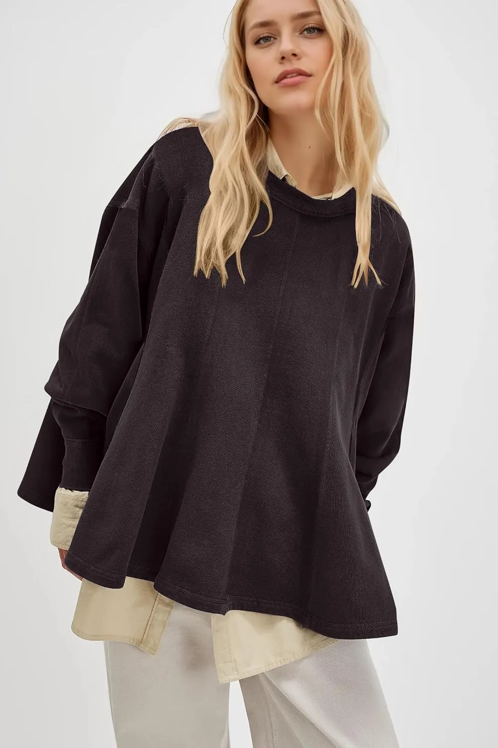 Women Batwing Oversized Sweatshirt Reverse Seam Crewneck Sweatshirt Cute Babydoll Peplum Sweat Shirts Pullover Tops
