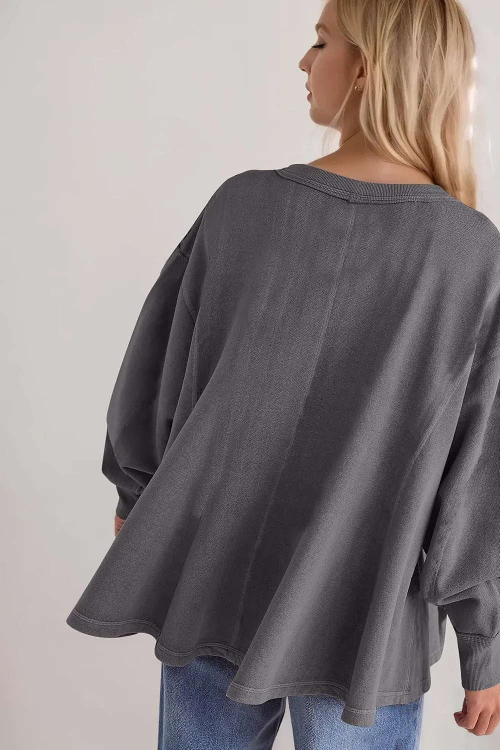 Women Batwing Oversized Sweatshirt Reverse Seam Crewneck Sweatshirt Cute Babydoll Peplum Sweat Shirts Pullover Tops