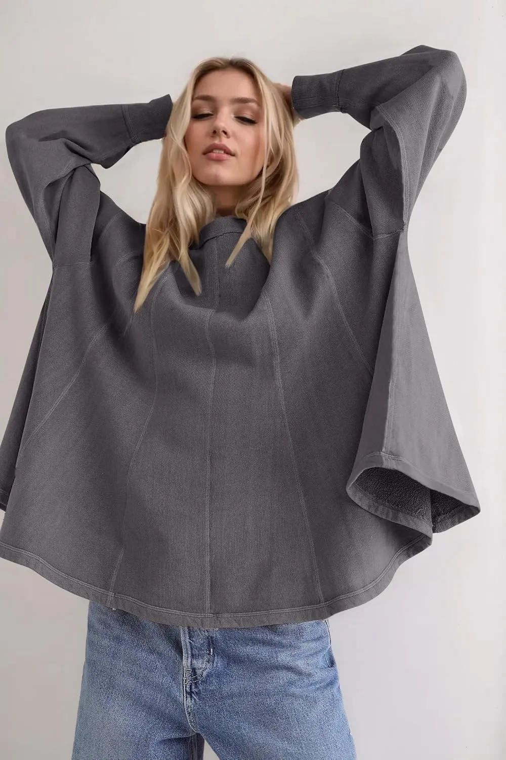 Women Batwing Oversized Sweatshirt Reverse Seam Crewneck Sweatshirt Cute Babydoll Peplum Sweat Shirts Pullover Tops