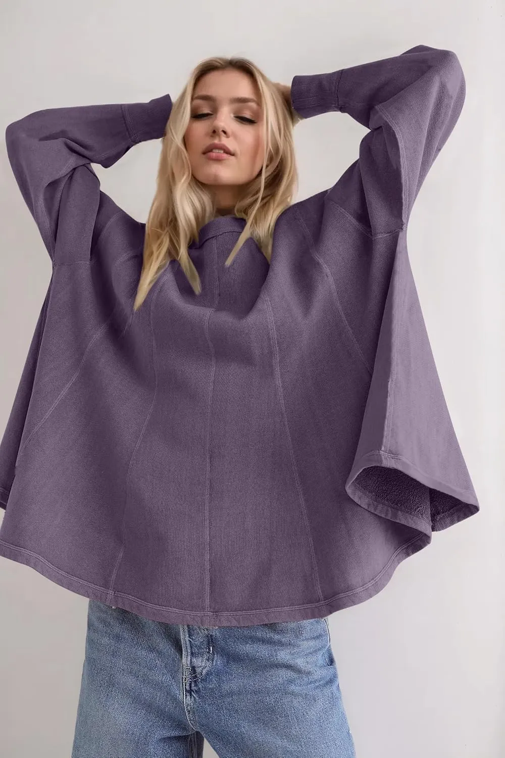 Women Batwing Oversized Sweatshirt Reverse Seam Crewneck Sweatshirt Cute Babydoll Peplum Sweat Shirts Pullover Tops