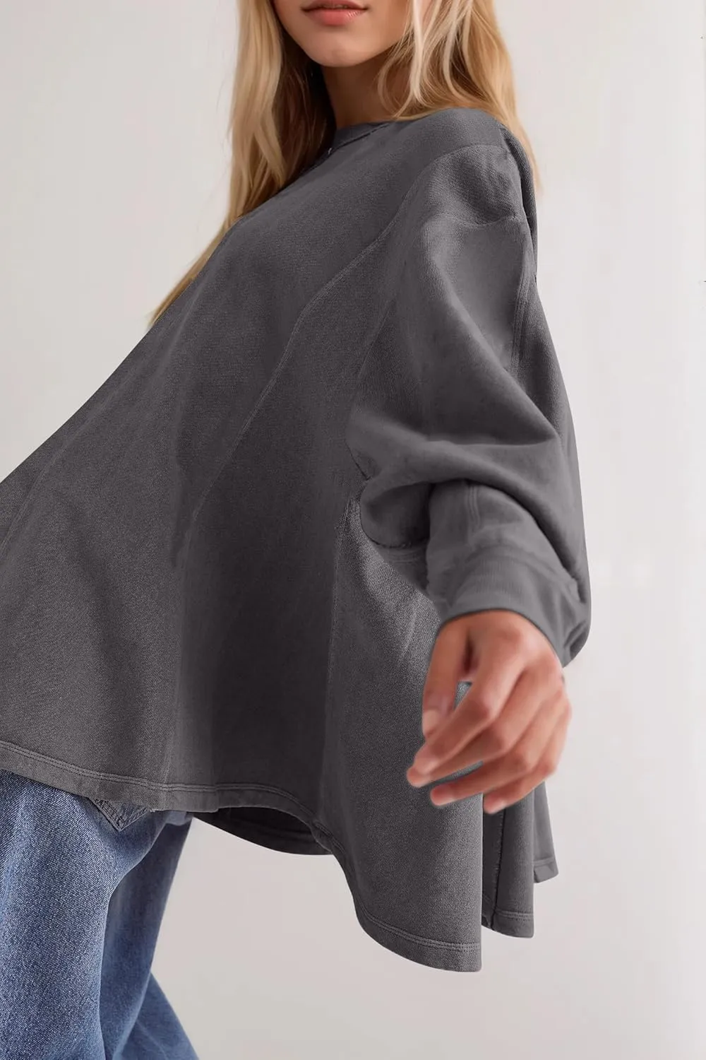 Women Batwing Oversized Sweatshirt Reverse Seam Crewneck Sweatshirt Cute Babydoll Peplum Sweat Shirts Pullover Tops