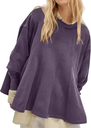 Women Batwing Oversized Sweatshirt Reverse Seam Crewneck Sweatshirt Cute Babydoll Peplum Sweat Shirts Pullover Tops