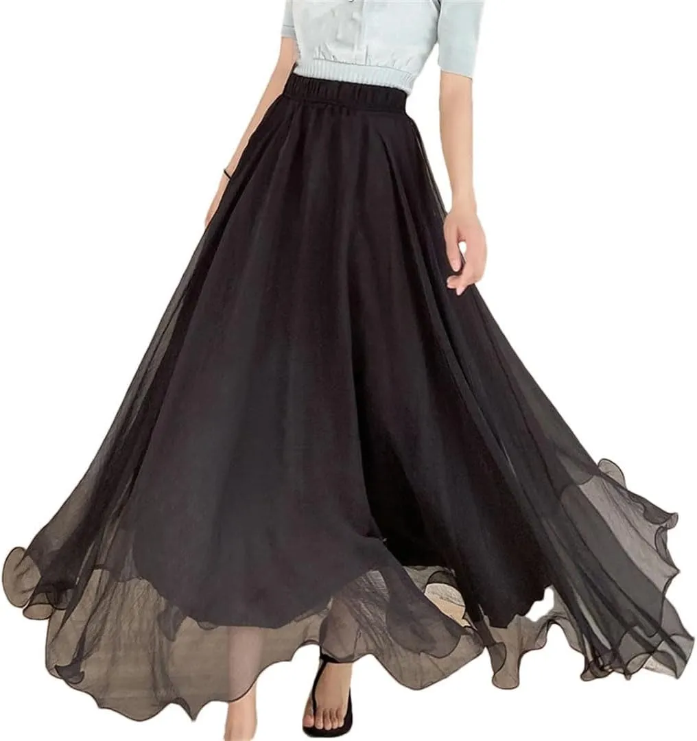 Women Casual Long Skirts Pleated Midi Skirts Beach Boho Ruffles Summer Skirts