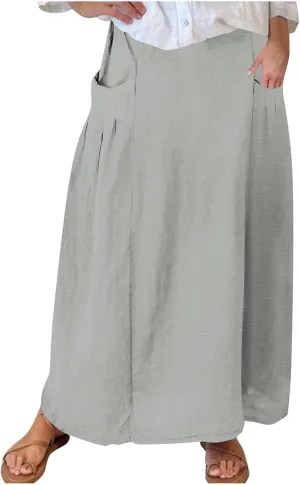 Women Casual Skirts Elastic Waist Summer Skirts Plus Size Maxi Skirts with Pockets A Line Vacation Skirts Loose Skirt