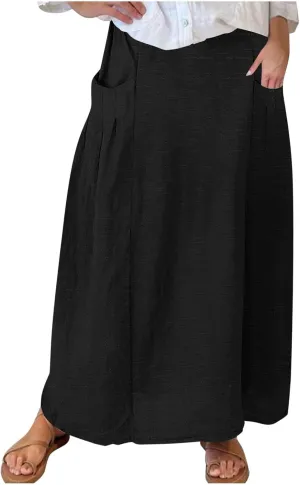 Women Casual Skirts Elastic Waist Summer Skirts Plus Size Maxi Skirts with Pockets A Line Vacation Skirts Loose Skirt