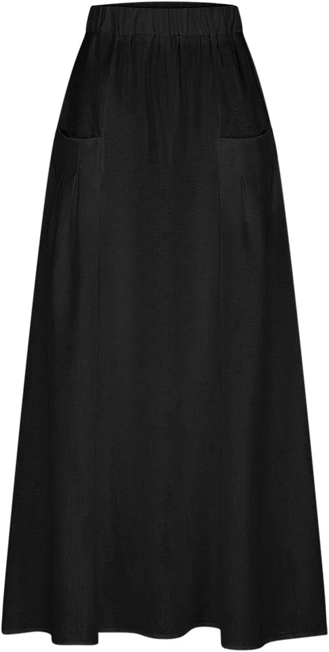 Women Casual Skirts Elastic Waist Summer Skirts Plus Size Maxi Skirts with Pockets A Line Vacation Skirts Loose Skirt