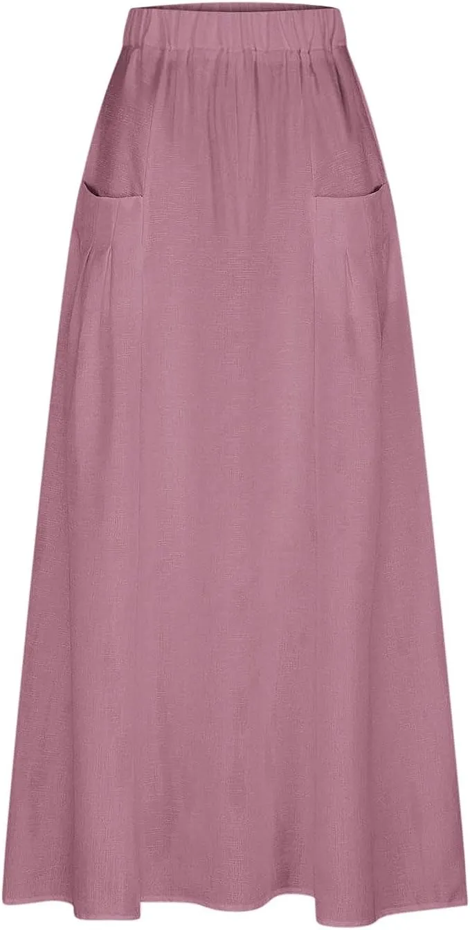 Women Casual Skirts Elastic Waist Summer Skirts Plus Size Maxi Skirts with Pockets A Line Vacation Skirts Loose Skirt