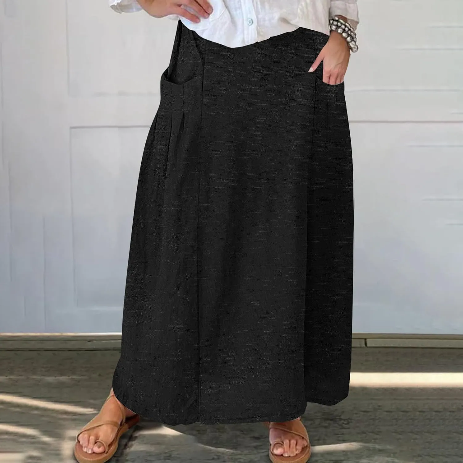 Women Casual Skirts Elastic Waist Summer Skirts Plus Size Maxi Skirts with Pockets A Line Vacation Skirts Loose Skirt