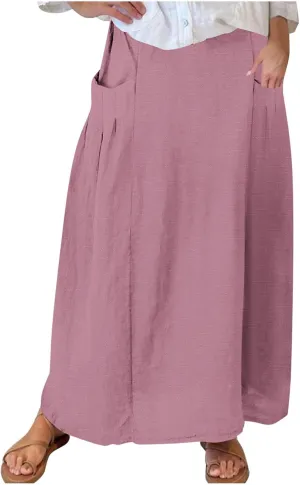 Women Casual Skirts Elastic Waist Summer Skirts Plus Size Maxi Skirts with Pockets A Line Vacation Skirts Loose Skirt