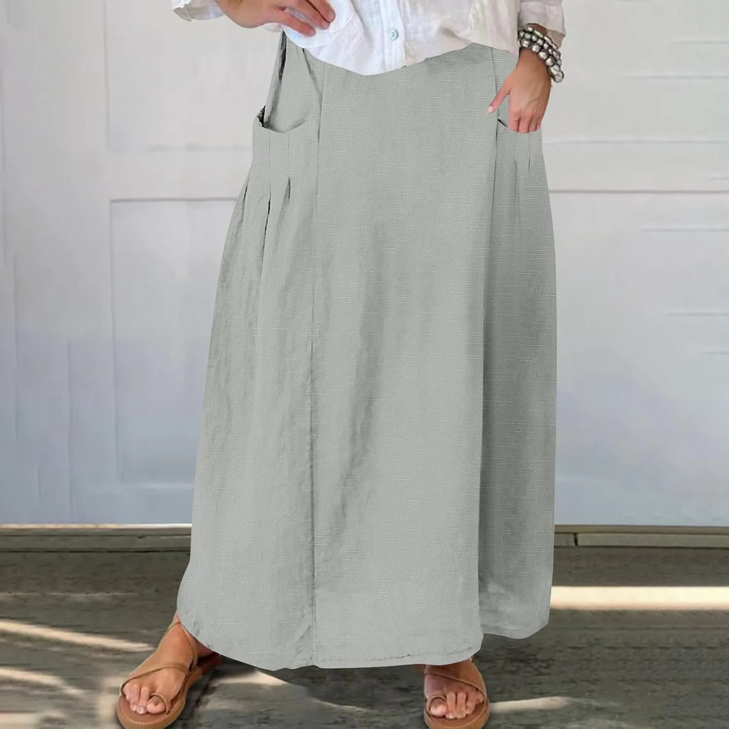 Women Casual Skirts Elastic Waist Summer Skirts Plus Size Maxi Skirts with Pockets A Line Vacation Skirts Loose Skirt