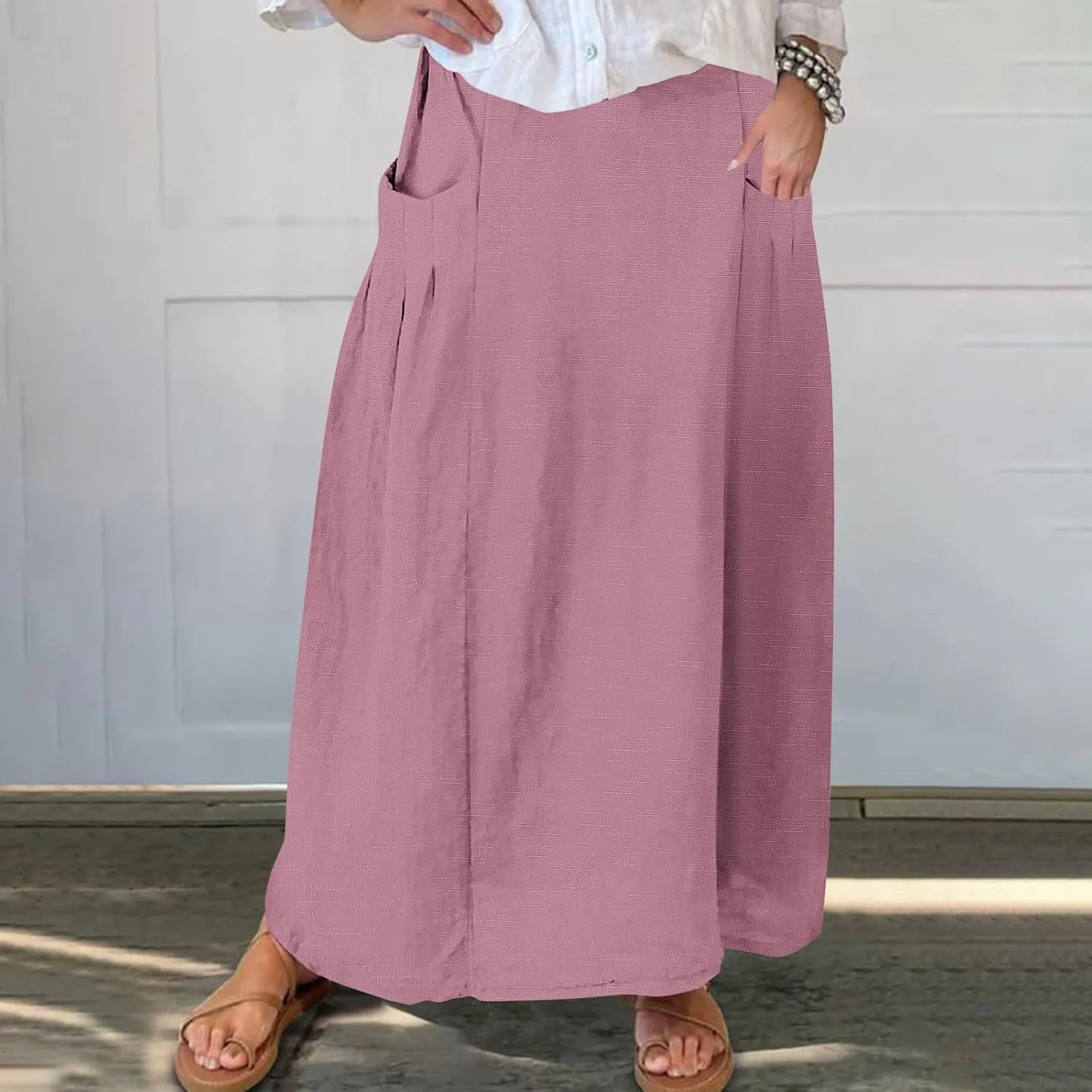 Women Casual Skirts Elastic Waist Summer Skirts Plus Size Maxi Skirts with Pockets A Line Vacation Skirts Loose Skirt