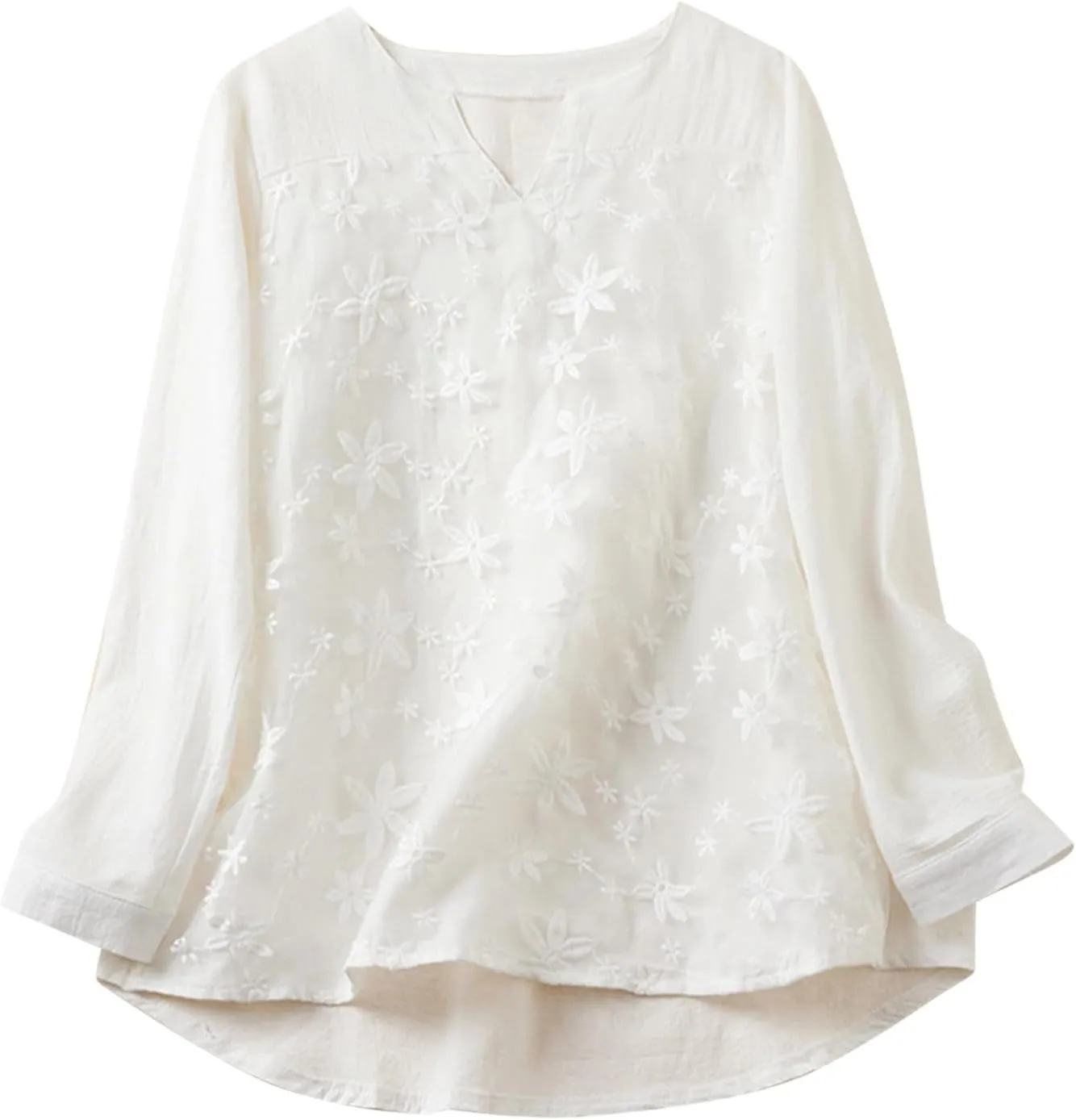Women Cotton Linen Tops Vintage Floral Embroidered Shirts Summer Casual Long Sleeve V Neck Baggy Boho Peasant Blouse