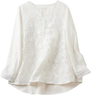 Women Cotton Linen Tops Vintage Floral Embroidered Shirts Summer Casual Long Sleeve V Neck Baggy Boho Peasant Blouse