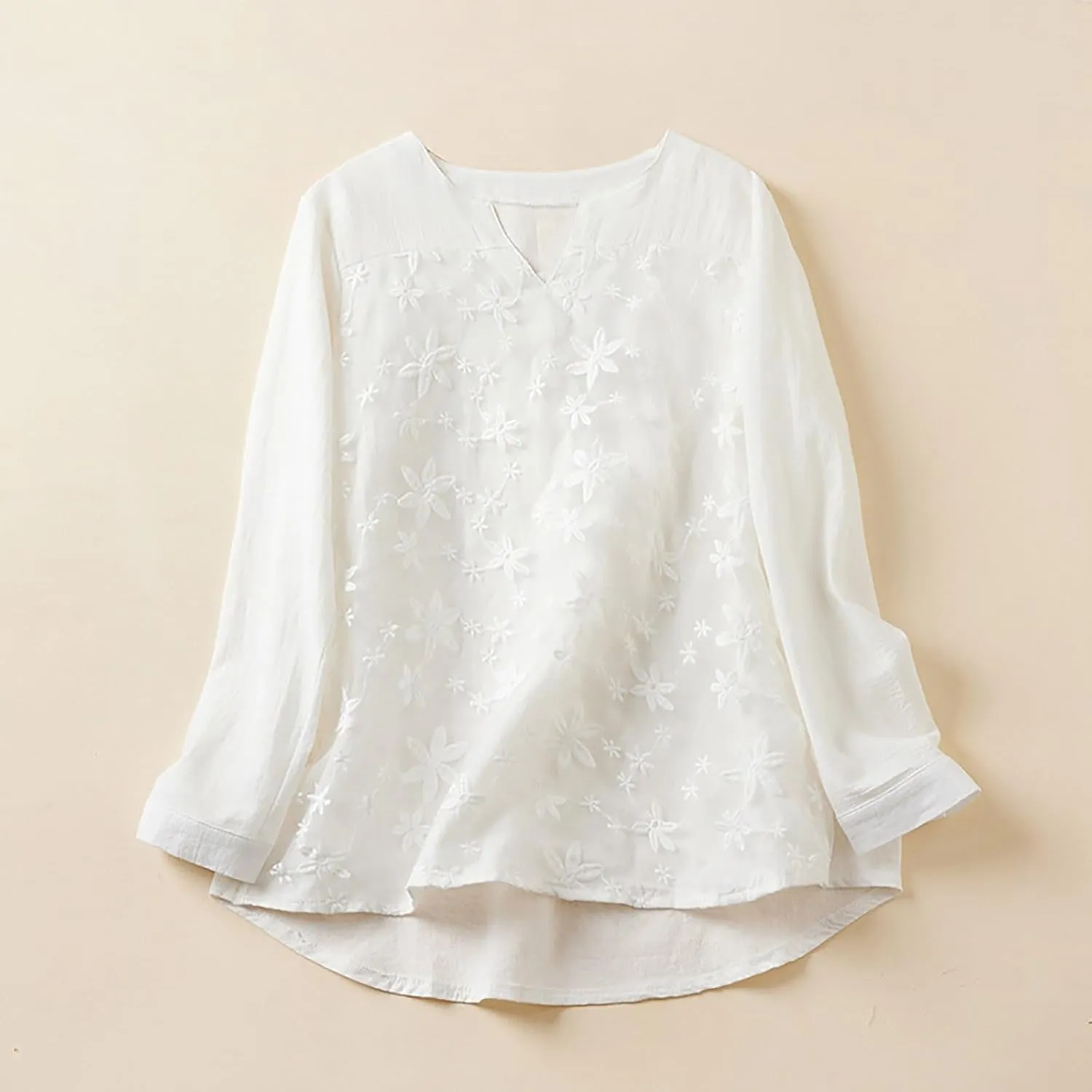 Women Cotton Linen Tops Vintage Floral Embroidered Shirts Summer Casual Long Sleeve V Neck Baggy Boho Peasant Blouse