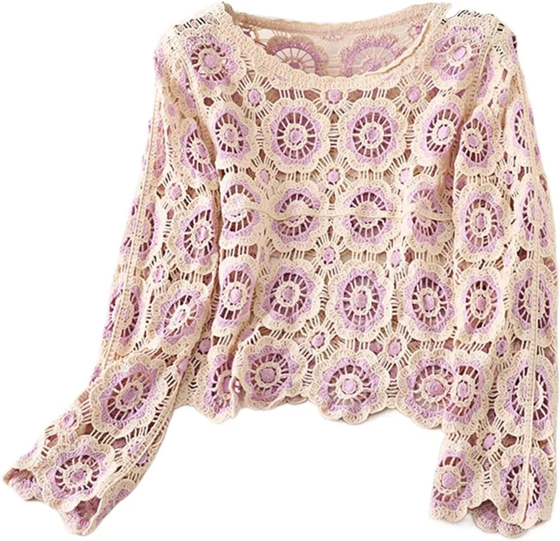 Women Crochet Hollow Out Pullover Shirt Long Sleeve Floral Oversized Jumper Top Knit Beach Coverup Trendy Knitwear