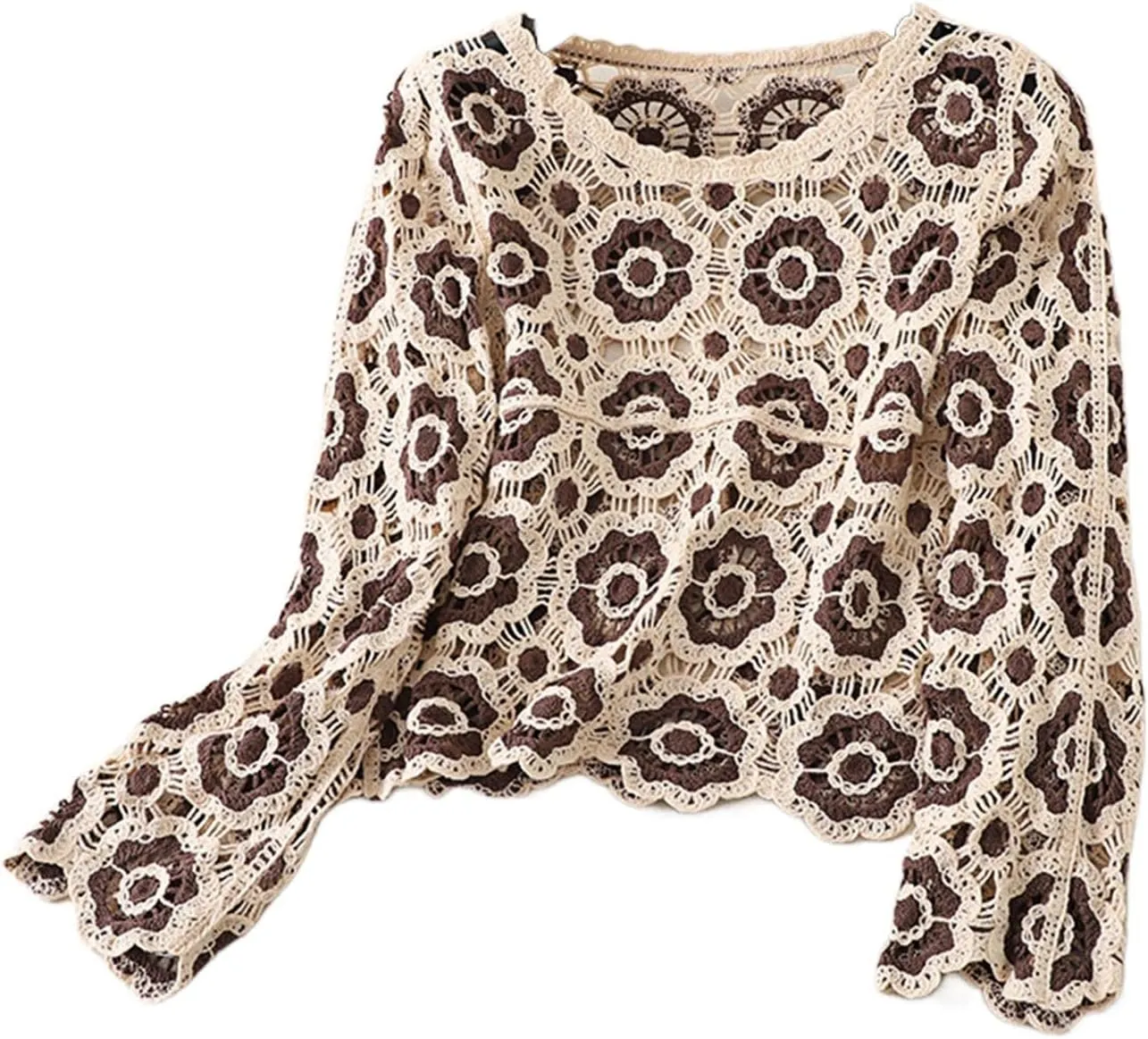 Women Crochet Hollow Out Pullover Shirt Long Sleeve Floral Oversized Jumper Top Knit Beach Coverup Trendy Knitwear