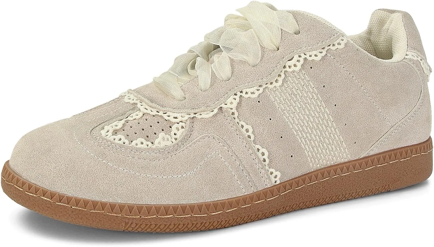 Women Lace Detail Casual Sneakers Elegant Ribbon Lace-Up Shoes with Memory Foam